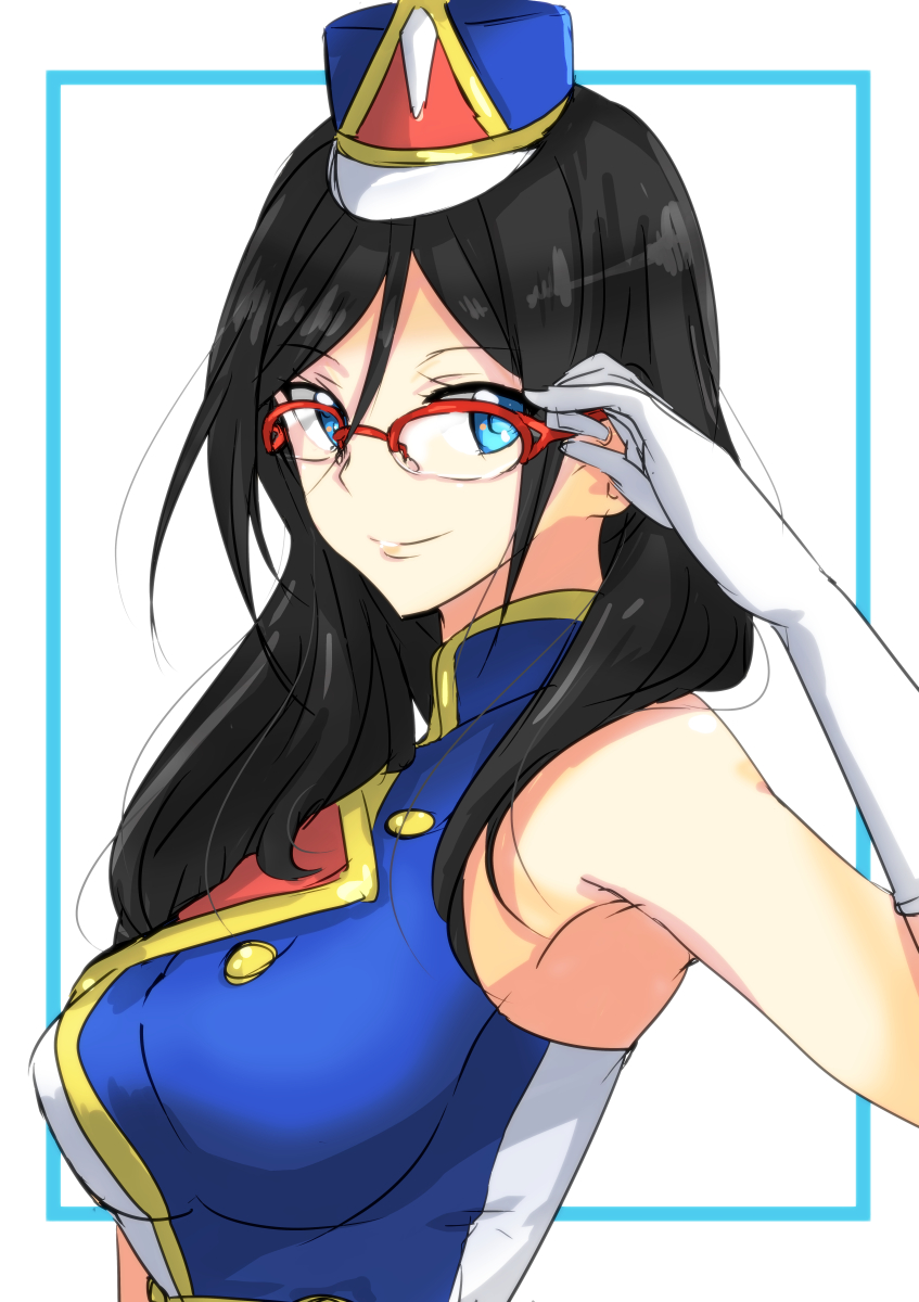 10s, 1girl, adjusting_eyewear, alpha_(smashbox), arm_up, band_uniform, bare_shoulders, black_hair, blue_eyes, blue_hat, buttons, cheerleader, elbow_gloves, female_focus, glasses, gloves, hair_between_eyes, hat, hibike!_euphonium, highres, long_hair, looking_at_viewer, over-rim_eyewear, red-framed_eyewear, semi-rimless_eyewear, smile, solo, sportswear, tanaka_asuka, tsurime, upper_body, white_gloves