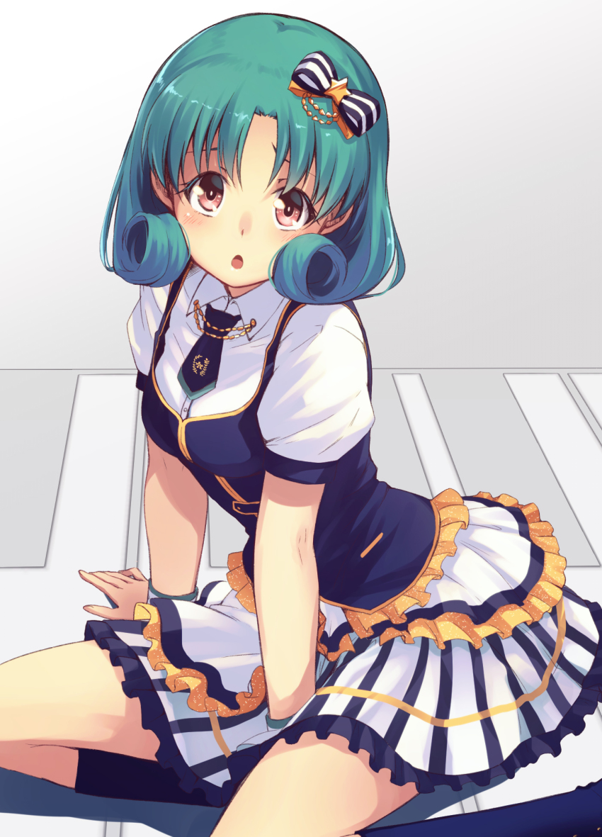 10s, 1girl, :o, arm_support, blue_socks, blue_vest, blush, brown_eyes, dress, female_focus, green_hair, hair_ribbon, highres, idolmaster, idolmaster_million_live!, looking_at_viewer, nanotsuki, necktie, open_mouth, parfait_noir_(idolmaster), ribbon, shirt, short_hair, sitting, skirt, socks, solo, striped_clothes, striped_skirt, tokugawa_matsuri, vest, white_shirt