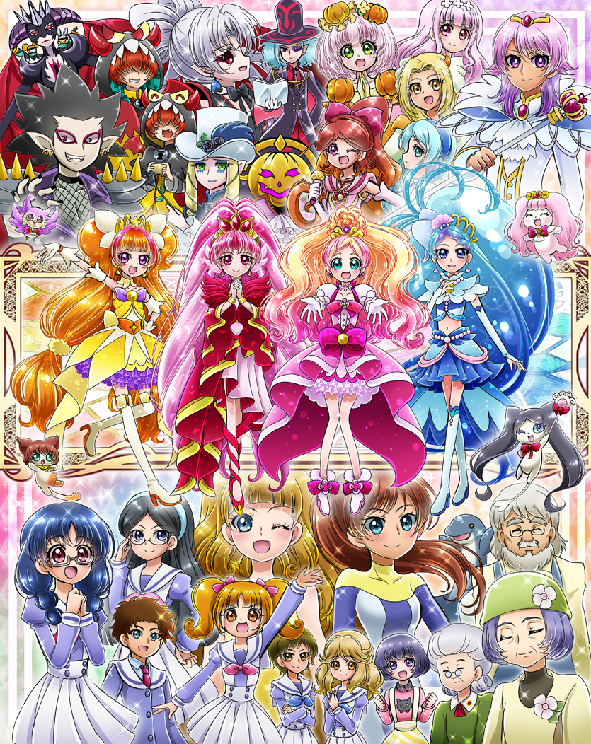 >:d, 6+girls, :d, ;d, adjusting_eyewear, age_difference, aiguillette, aihara_yuuki_(precure)