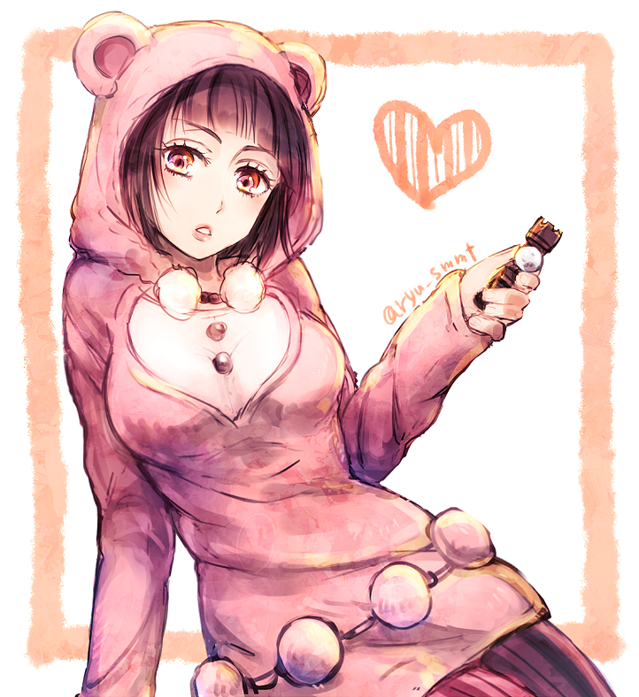 1girl, animal_ears, bad_id, bad_pixiv_id, bear_ears, black_hair, brown_eyes, chess_piece, fake_animal_ears, female_focus, heart, higashikata_daiya, hood, jojo_no_kimyou_na_bouken, jojolion, pantyhose, solo, striped_clothes, striped_legwear, striped_pantyhose, sumimoto_ryuu, sweater, twitter_username, vertical-striped_clothes, vertical-striped_pantyhose
