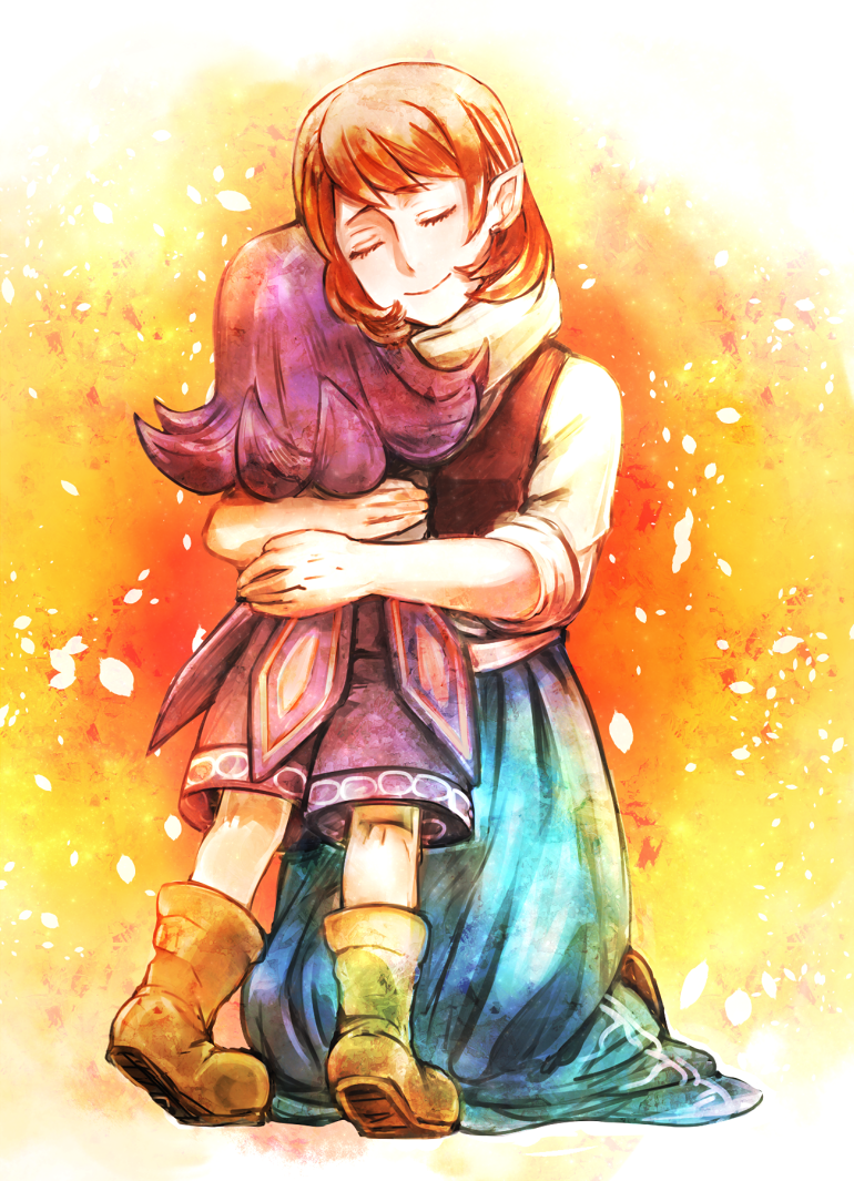 1boy, 1girl, age_difference, anju_(zelda), boots, brown_footwear, brown_hair, closed_eyes, height_difference, hug, kafei, kneeling, long_hair, nintendo, pointy_ears, purple_hair, shorts, skirt, sumimoto_ryuu, the_legend_of_zelda, the_legend_of_zelda:_majora's_mask