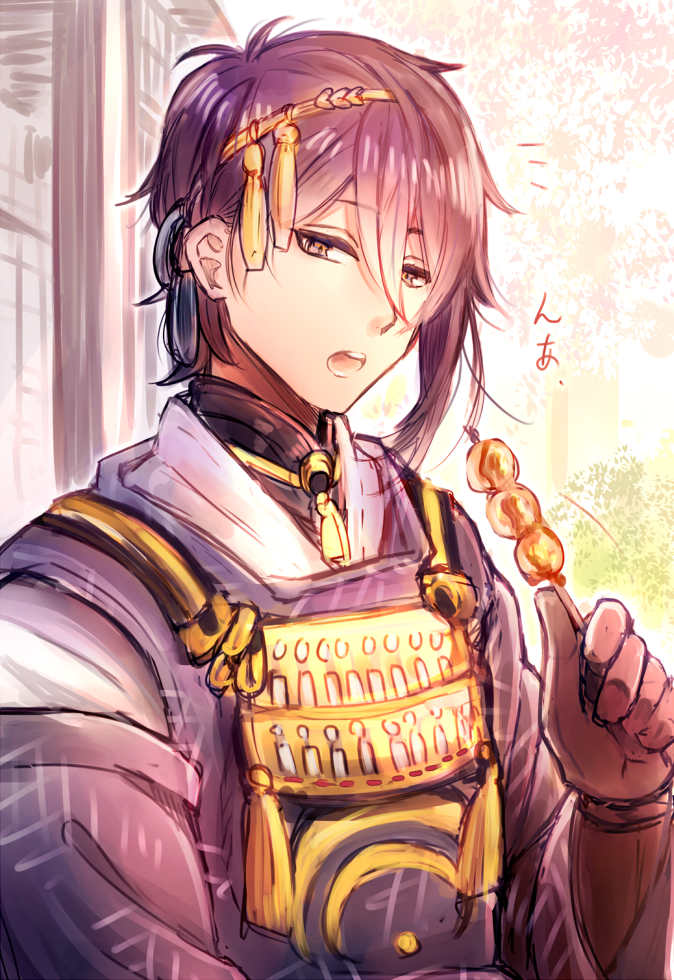 10s, 1boy, blue_hair, bush, dango, food, hair_ornament, holding