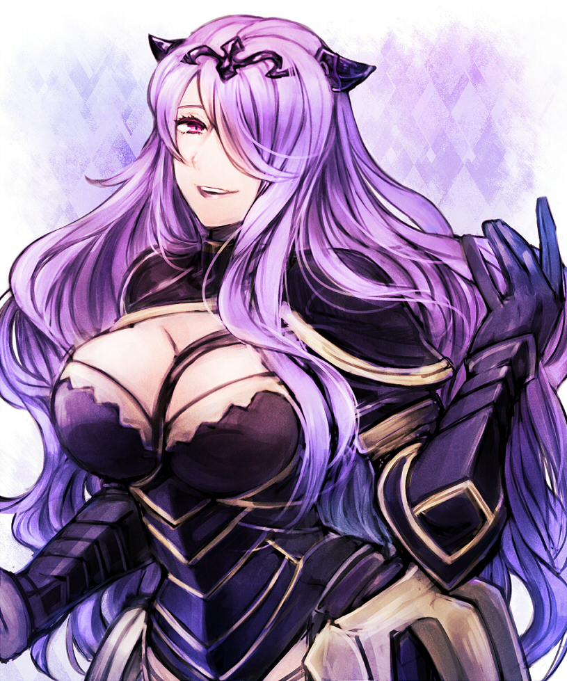 1girl, argyle_background, argyle_clothes, black_gloves, breasts, camilla_(fire_emblem), cleavage, female_focus, fire_emblem, fire_emblem_fates, gloves, hair_over_one_eye, holding, holding_own_hair, horns, large_breasts, lips, long_hair, nintendo, open_mouth, pink_eyes, purple_hair, smile, solo, sumimoto_ryuu, upper_body, vambraces, very_long_hair