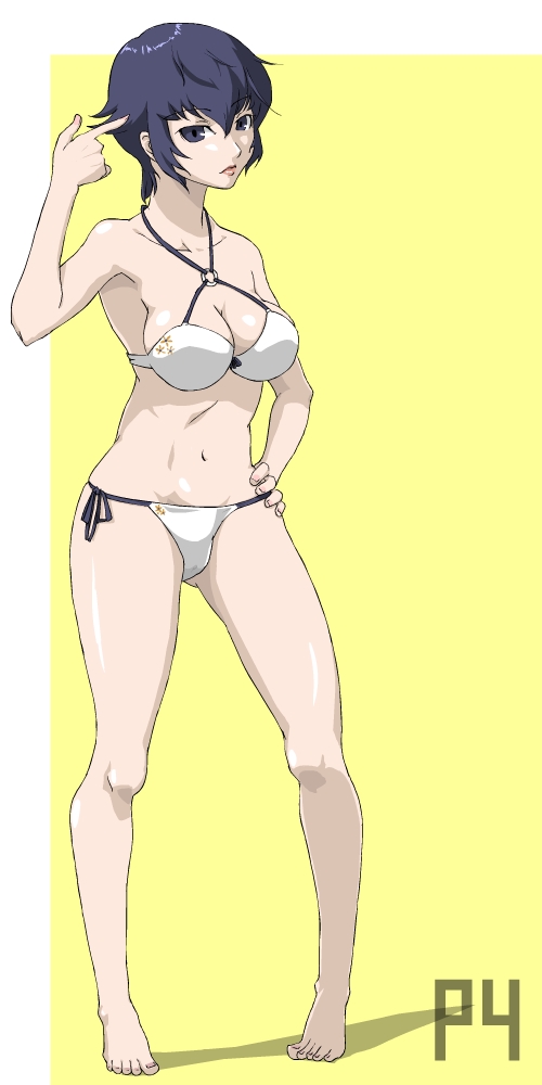 1girl, atlus, barefoot, bikini, blue_eyes, blue_hair, breasts, cleavage, female_focus, kuma_kichi, lipstick, makeup, matching_hair/eyes, medium_breasts, persona, persona_4, shirogane_naoto, short_hair, side-tie_bikini_bottom, solo, swimsuit, white_bikini