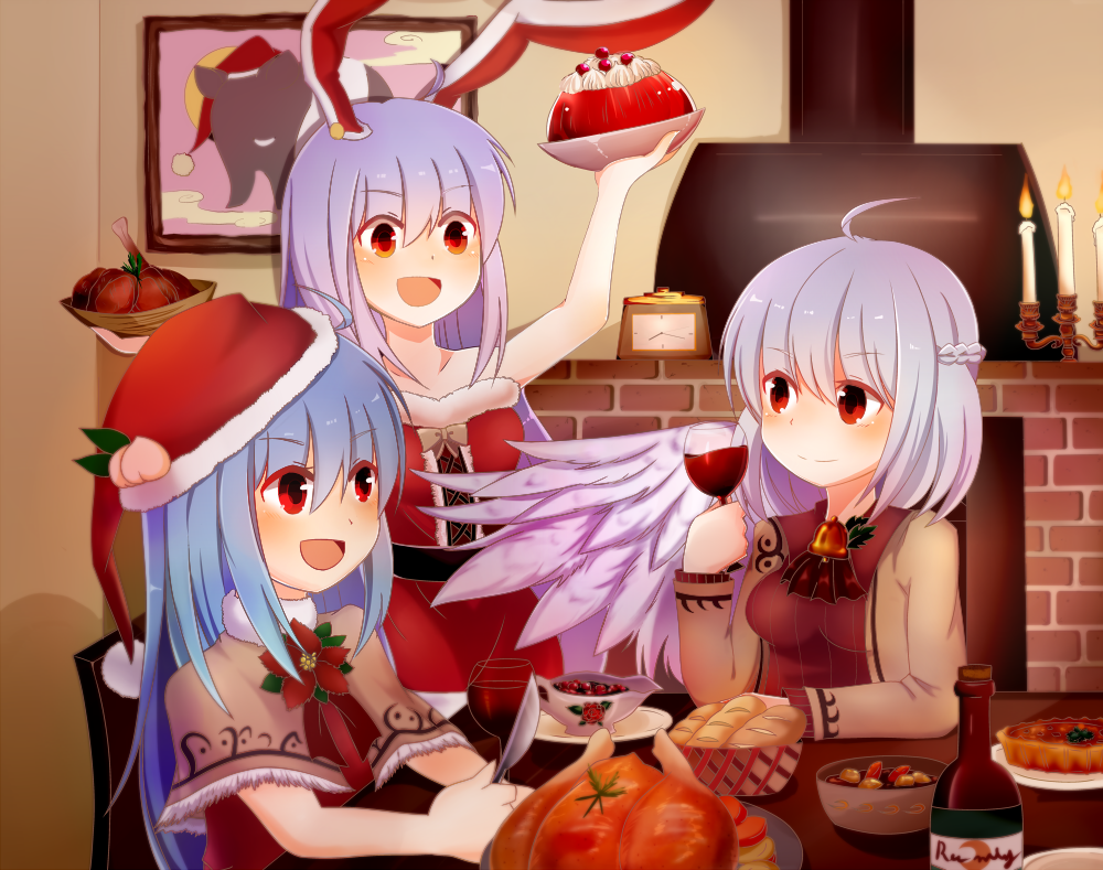 3girls, :d, alcohol, animal_ears, blue_hair, bottle, bread, buna_shimeji_(keymush)