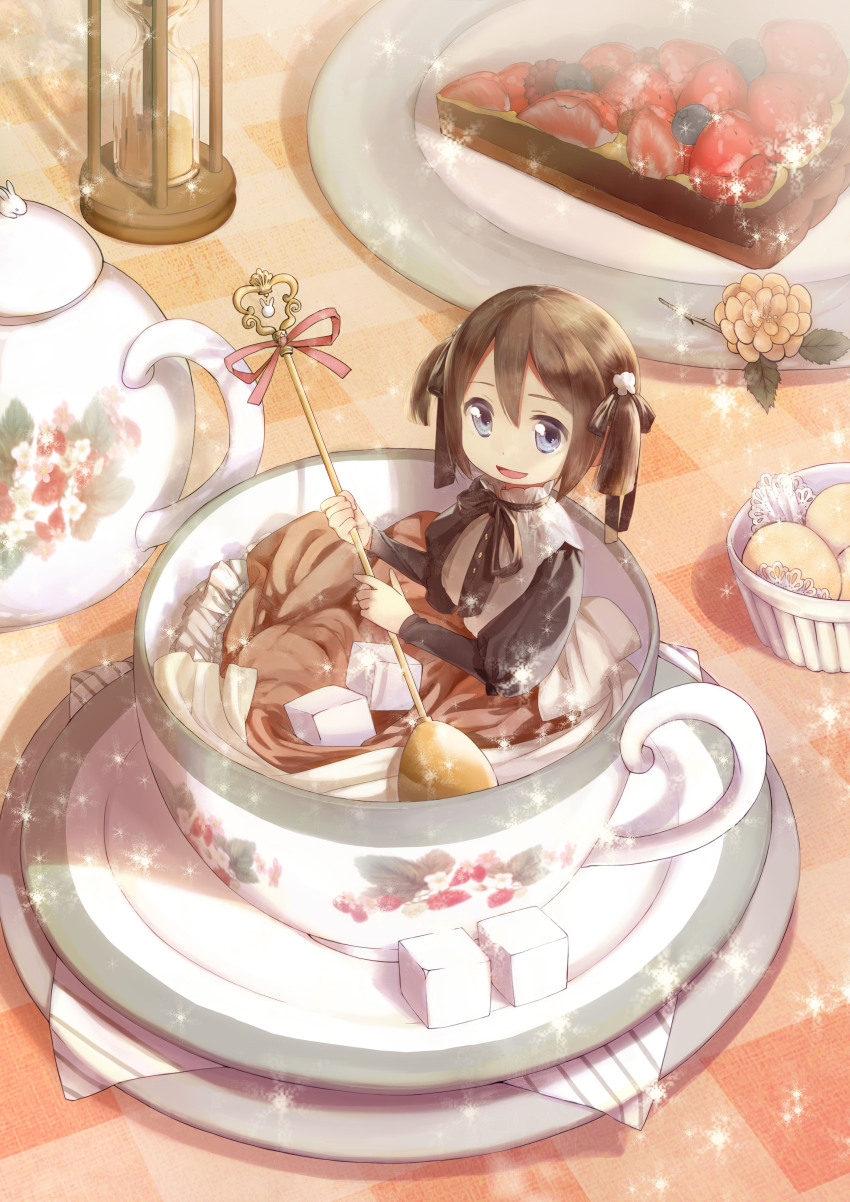 1girl, absurdres, bad_id, bad_pixiv_id, blue_eyes, blueberry, bowl, bread, bread_slice, brown_hair, brown_skirt, cookie, crumpets, cup, dress, female_focus, flower, food, fruit, hair_ribbon, highres, holding, holding_spoon, hourglass, in_container, in_cup, juliet_sleeves, light_particles, long_skirt, long_sleeves, looking_at_viewer, mini_person, minigirl, neck_ribbon, nkohime, open_mouth, original, plate, puffy_sleeves, ribbon, saucer, short_hair, short_twintails, sitting, skirt, smile, solo, spoon, strawberry, sugar_cube, tablecloth, tart_(food), teacup, teapot, toast, twintails