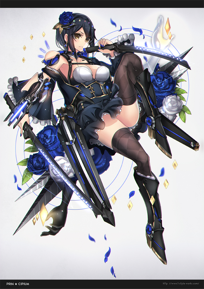 1girl, android, argyle_clothes, argyle_thighhighs, belt, black_boots, black_hair, black_skirt