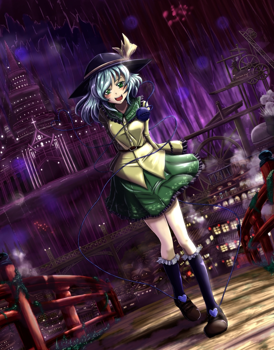 1girl, :d, aqua_hair, arch, arms_behind_back, belt, blouse, blush