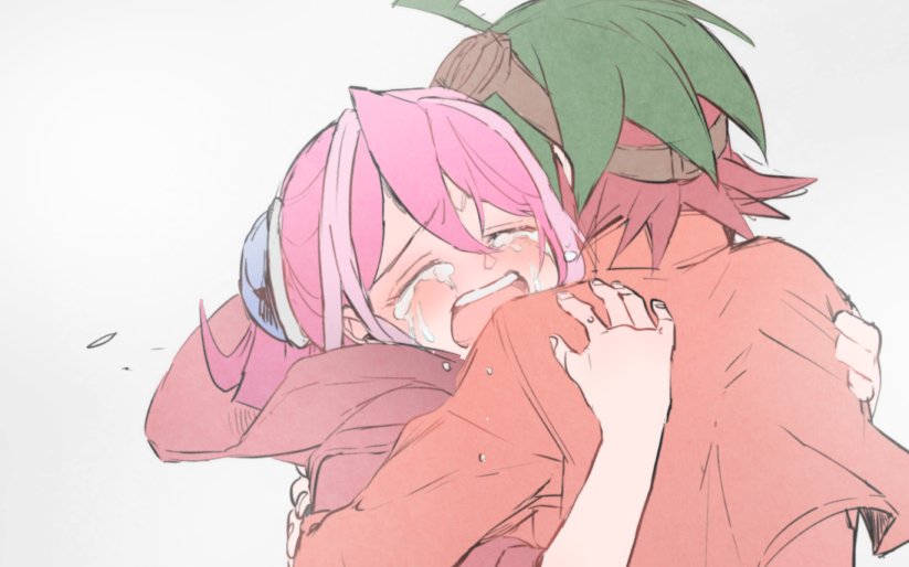 1boy, 1girl, ahoge, blush, closed_eyes, crying, colored_bangs, goggles, goggles_on_head, green_hair, hetero, hiiragi_yuzu, hood, hug, jacket, jumpsuit, multicolored_hair, mumusan, open_mouth, pink_hair, red_hair, sakaki_yuya, tears, two-tone_hair, yu-gi-oh!, yu-gi-oh!_arc-v