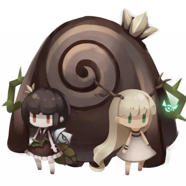 2girls, antlers, bad_id, bad_pixiv_id, black_hair, blonde_hair, company_connection, creator_connection