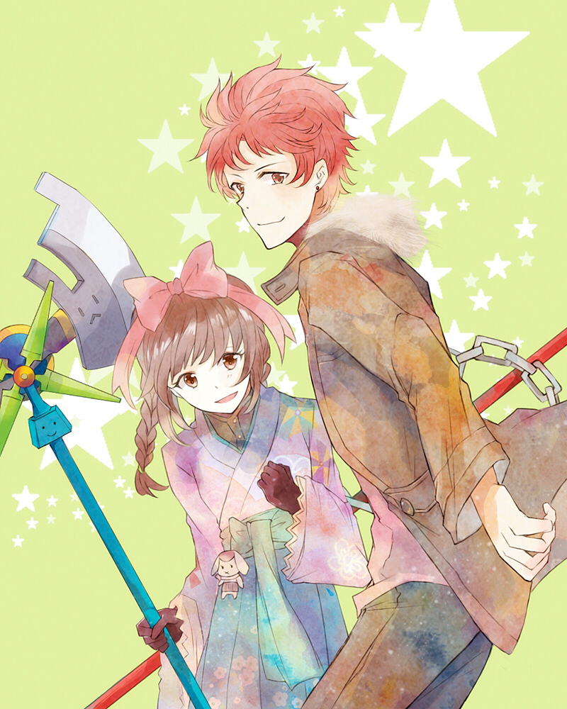 1boy, 1girl, akagi_toma, axe, bad_id, bad_pixiv_id, braid, brown_eyes