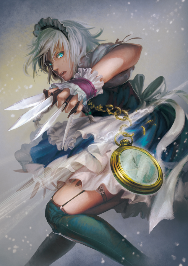 1girl, action, alternate_eye_color, apron, aqua_eyes, between_fingers, black_legwear, blue_dress
