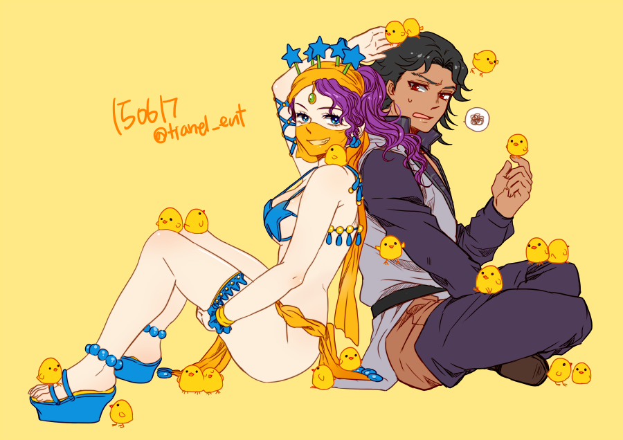 1boy, 1girl, baby_animal, back-to-back, bikini, bird, bird_on_hand, black_hair