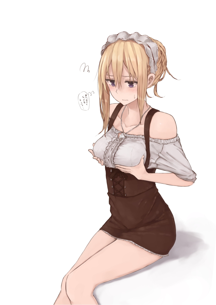 1girl, blonde_hair, blue_eyes, blush, breast_hold, breasts, cross-laced_clothes, female_focus