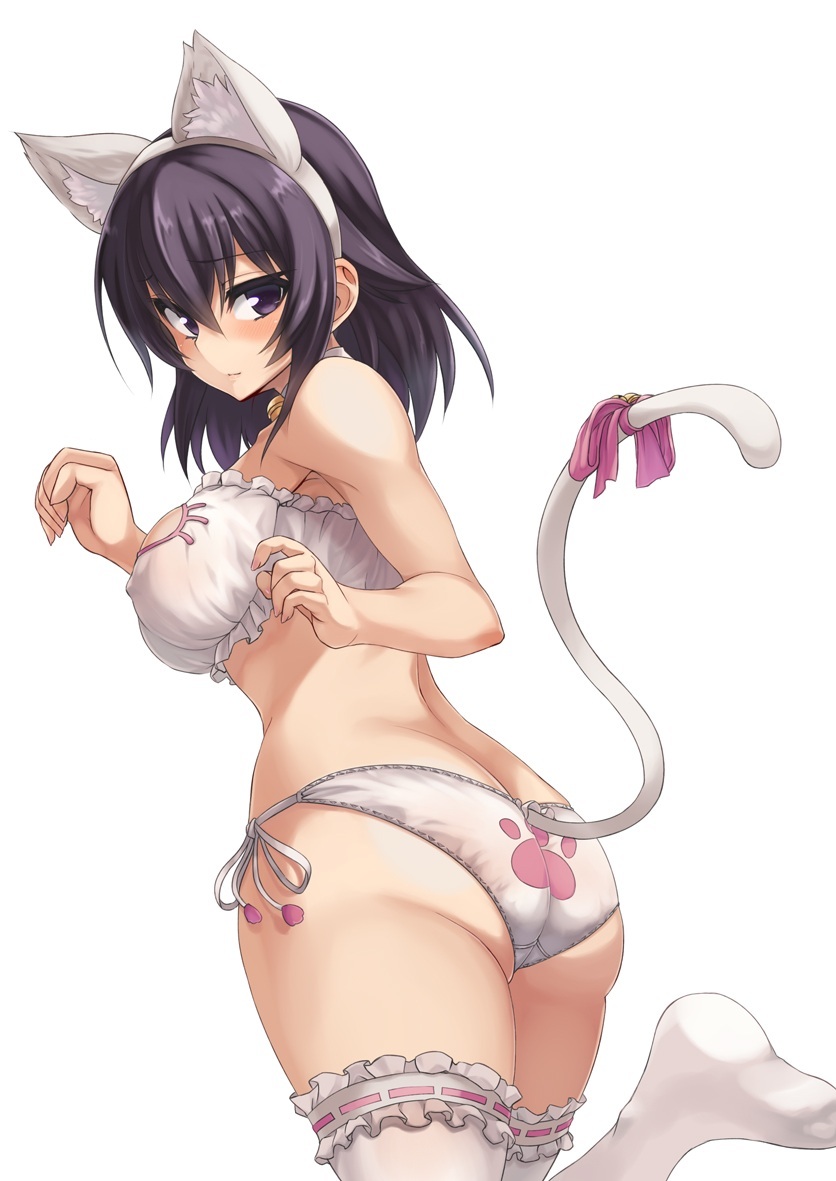 1girl, animal_ears, ass, bare_shoulders, bell, black_hair, blush, bra