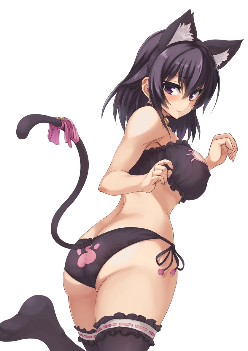 1girl, animal_ears, ass, bare_shoulders, bell, black_hair, black_panties, black_thighhighs