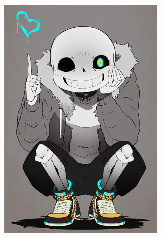 1boy, animated, animated_gif, glowing, glowing_eye, heart, just_peachy, looking_at_viewer, male_focus, pointing, pointing_up, sans_(undertale), skeleton, smile, solo, spot_color, squatting, undertale, utdr_(toby_fox)