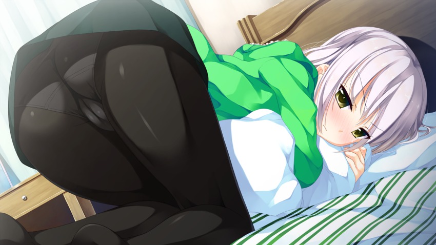 1girl, ass, bed, black_pantyhose, black_skirt, cameltoe, closed_mouth, female_focus