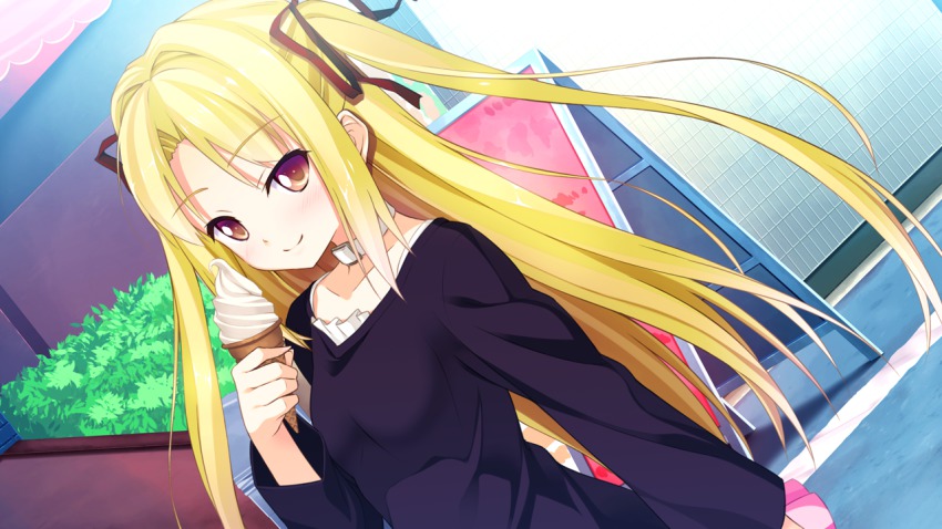 1girl, blonde_hair, blush, closed_mouth, collar, collarbone, female_focus, frills, game_cg, ichiban_janakya_dame_desu_ka?, kinta_(distortion), long_hair, long_sleeves, looking_at_viewer, orange_eyes, rosebleu, smile, solo, twintails, yamanoue_amawa