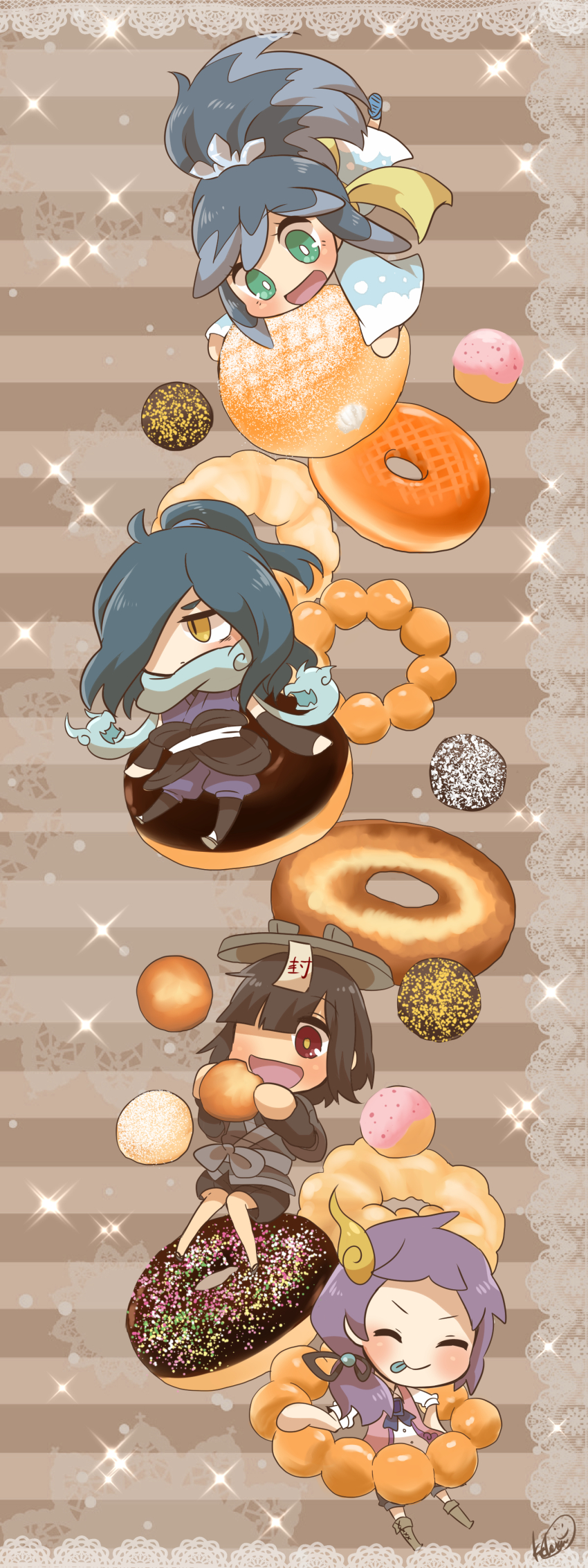 10s, absurdres, angel_cream, black_hair, blush, chibi, d-pop, doily, dondoro, donut, closed_eyes, food, fubukihime, green_eyes, green_hair, hair_over_one_eye, highres, japanese_clothes, kimono, kohaku_(kohakumochi), long_hair, monster_boy, multicolored_hair, old-fashioned_donut, open_mouth, orochi_(youkai_watch), personification, pon_de_ring, ponytail, purple_hair, sleeveless, smile, tongue, tongue_out, two-tone_hair, ungaisanmenkyou, yellow_eyes, traditional_youkai, youkai_watch