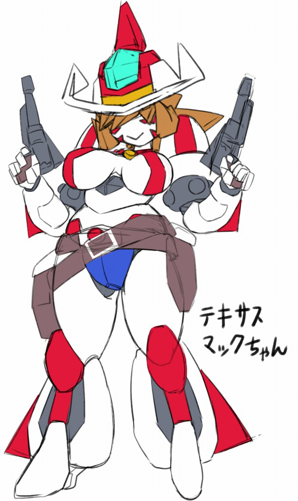 1girl, android, breasts, getter_robo, gun, marokko_(41evol), robot, texas_mack
