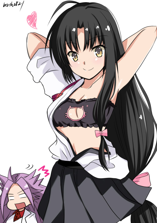 10s, 2girls, ahoge, arms_behind_head, arms_up, bandeau, black_bra, black_hair