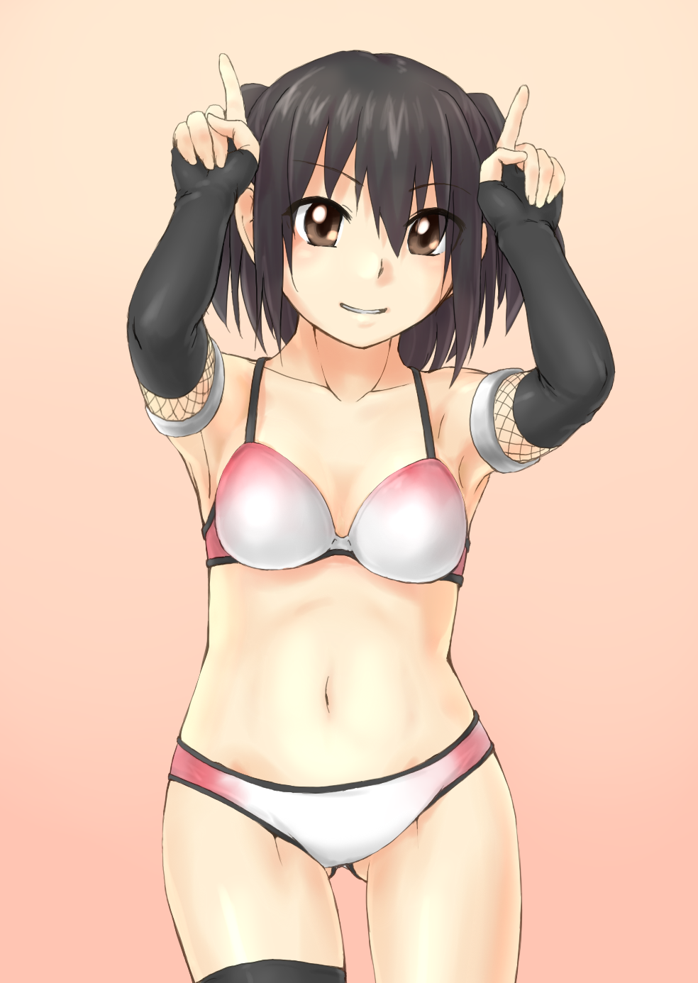 10s, 1girl, armpits, bikini, black_hair, brown_eyes, elbow_gloves, female_focus