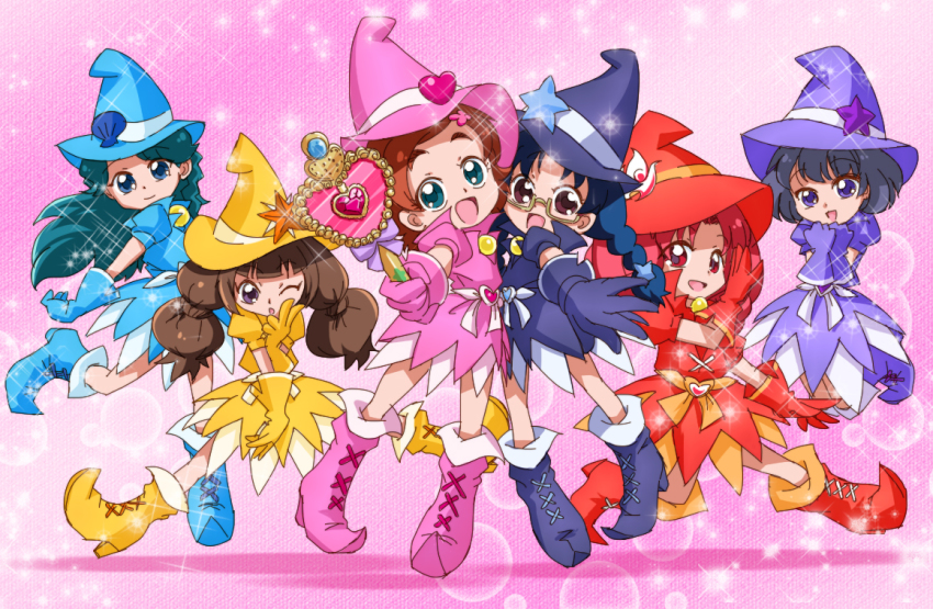 6+girls, :d, akagi_towa, akeboshi_karin, amanogawa_kirara, black_footwear, black_gloves, black_hair