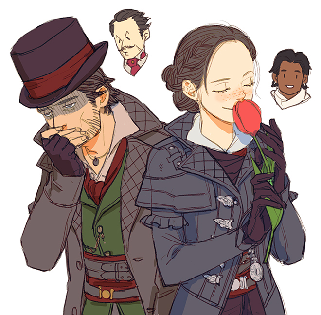 assassin's_creed:_syndicate, assassin's_creed_(series), braid, chibi, chibi_inset, crown_braid, evie_frye, facial_hair, flower, hat, henry_green, jacob_frye, maxwell_roth, mustache, quilted_jacket, shaded_face, top_hat, tulip, y_(chos)