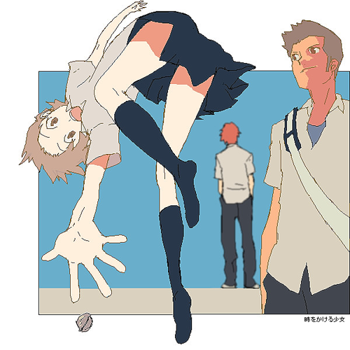 00s, 1girl, 2boys, :d, bad_id, bad_pixiv_id, black_socks, blue_skirt