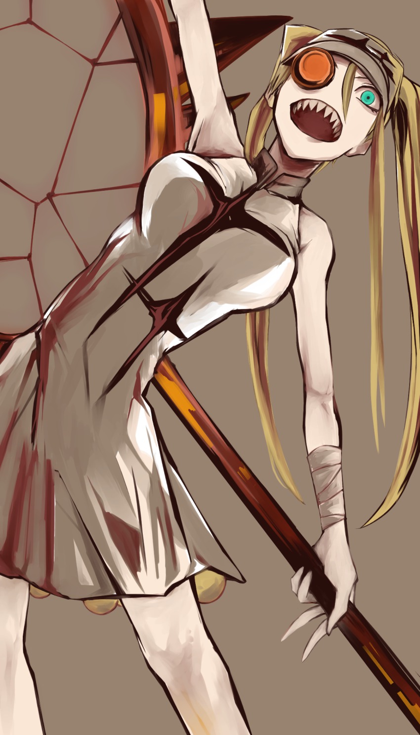 10s, 1girl, blonde_hair, dress, female_focus, green_eyes, hakodate_omiko, highres, kill_la_kill, long_hair, nakano_(2_mannaka), open_mouth, racket, scope, sharp_teeth, solo, sportswear, teeth, tennis_racket, tennis_uniform, twintails, visor_cap