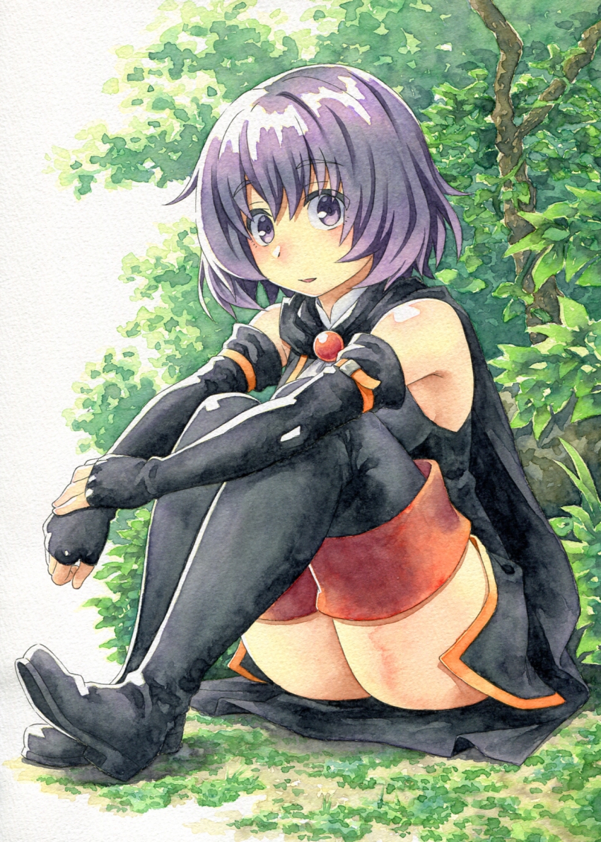 10s, 1girl, black_boots, black_gloves, black_thighhighs, blush, boots, cape, elbow_gloves, female_focus, fingerless_gloves, gloves, hai_to_gensou_no_grimgar, highres, kawachi_koorogi, looking_at_viewer, marker_(medium), parted_lips, purple_eyes, purple_hair, shihoru_(grimgar), short_hair, sitting, solo, thigh_boots, thighhighs, traditional_media, tree