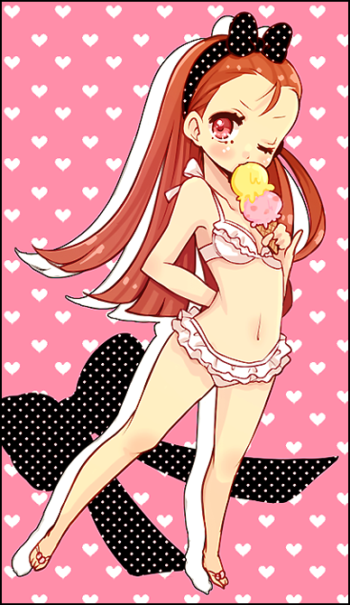 00s, bikini, brown_hair, flip-flops, food, frilled_bikini, frills, ice_cream