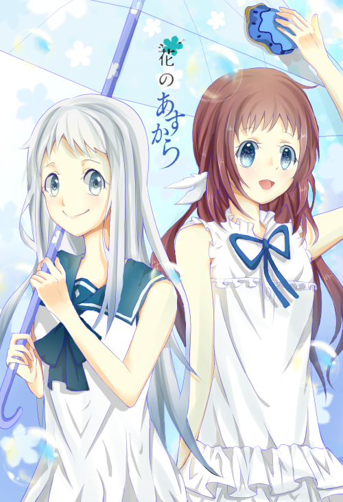 2girls, ano_hi_mita_hana_no_namae_wo_bokutachi_wa_mada_shiranai., bad_id, bad_pixiv_id, blue_eyes, brown_hair, cosplay, costume_switch