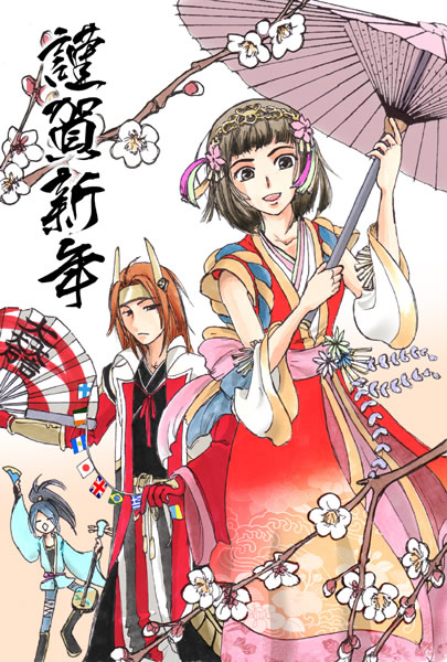 1girl, 2boys, bad_id, bad_pixiv_id, cherry_blossoms, chosokabe_motochika_(sengoku_musou), folding_fan, hand_fan