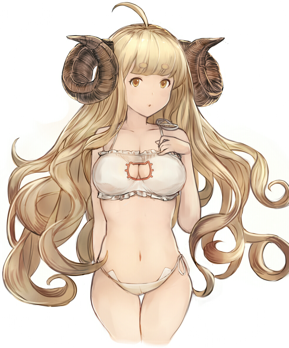 10s, 1girl, :o, ahoge, anila_(granblue_fantasy), bad_id, bad_pixiv_id, blonde_hair, breasts, cat_cutout, cat_ear_panties, cat_lingerie, cleavage, cleavage_cutout, clothing_cutout, draph, female_focus, granblue_fantasy, guanhian, horns, long_hair, medium_breasts, navel, panties, side-tie_panties, simple_background, solo, underwear, white_background, white_panties, yellow_eyes