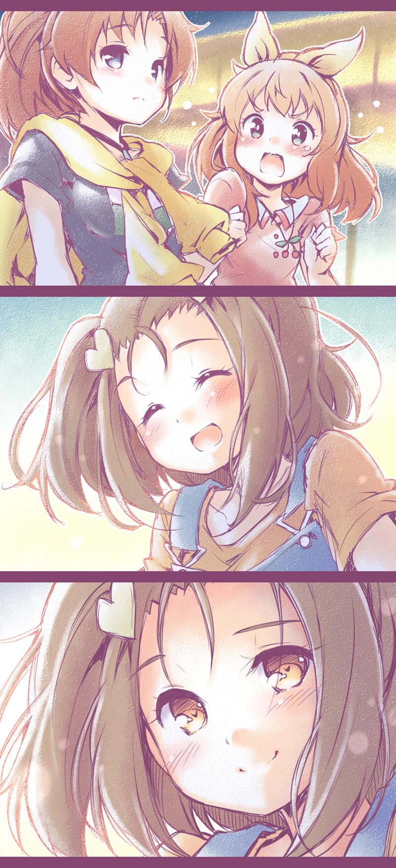 10s, 3girls, blue_eyes, bow, brown_hair, comic, extra, hair_bow