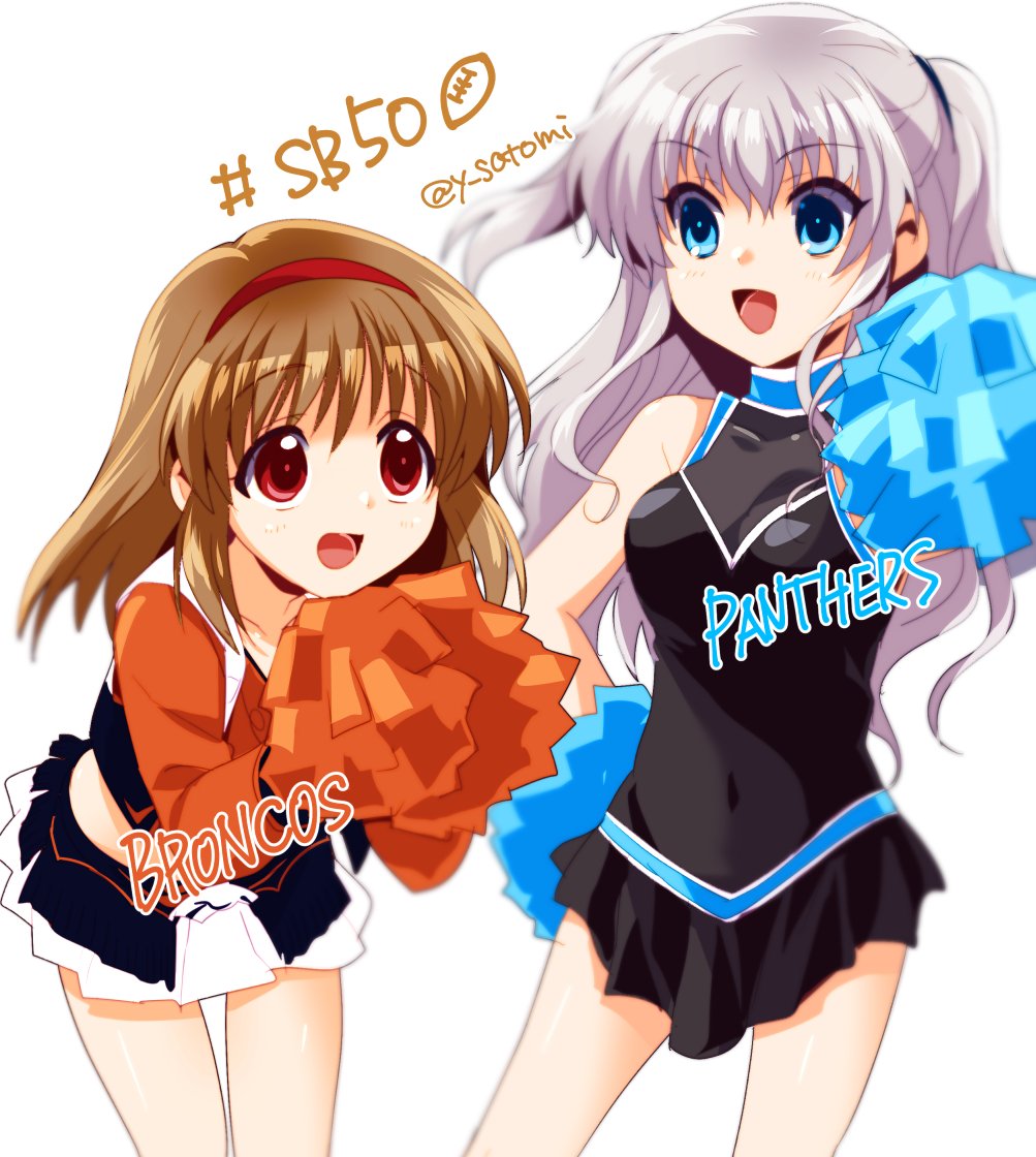 10s, 2girls, blue_eyes, brown_hair, carolina_panthers, charlotte_(anime), cheerleader, company_connection, crossover, denver_broncos, hairband, kanon, key_(company), long_hair, multiple_girls, national_football_league, pom_pom_(cheerleading), red_eyes, satomi_yoshitaka, short_hair, silver_hair, tomori_nao, tsukimiya_ayu, twintails, twitter_username, two_side_up