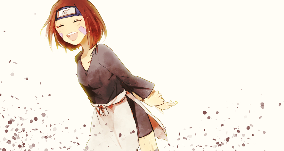 1girl, ari_(2e3), azuchi_(monica), blush, brown_hair, closed_eyes, facial_mark, female_focus, forehead_protector, naruto_(classic), naruto_(series), naruto_shippuuden, nohara_rin, open_mouth, simple_background, solo, white_background