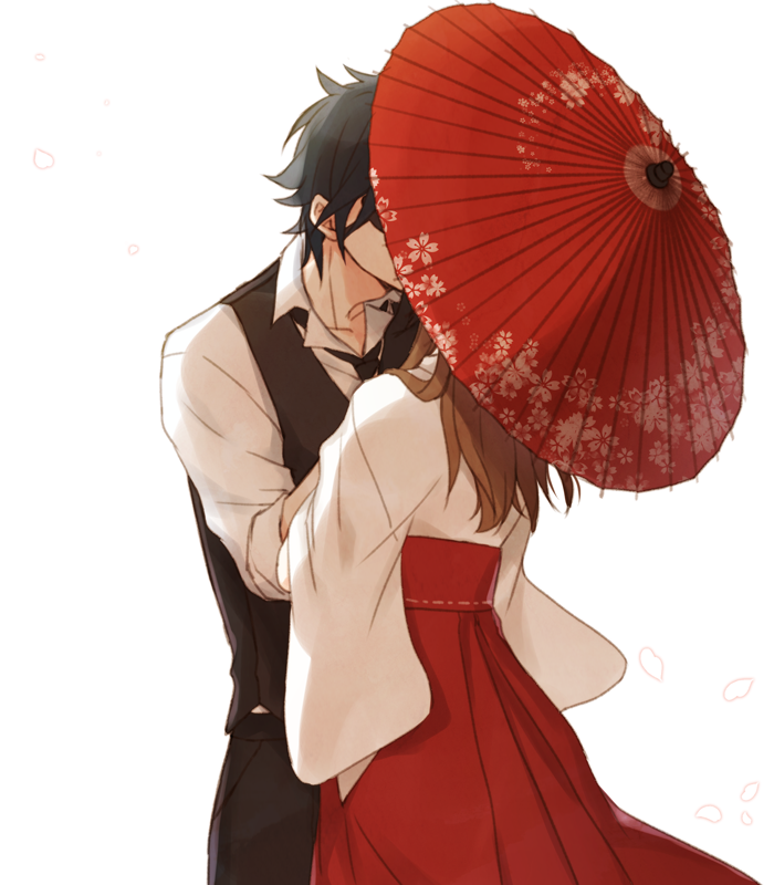 10s, 1boy, 1girl, black_hair, brown_hair, eyepatch, female_saniwa_(touken_ranbu), hakama