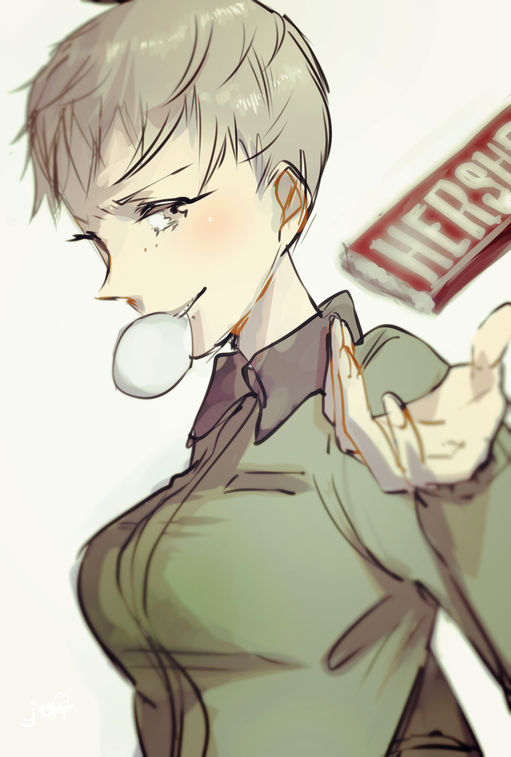 10s, 1girl, blowing_bubble_gum, blowing_bubbles, blurry, brown_eyes, brown_hair, chewing_gum, chocolate, female_focus, freckles, girls_und_panzer, hershey's, highres, image_sample, joi_kun_(senzai_hiyori), looking_at_viewer, md5_mismatch, naomi_(girls_und_panzer), resolution_mismatch, short_hair, simple_background, solo, source_larger, throwing, very_short_hair, white_background