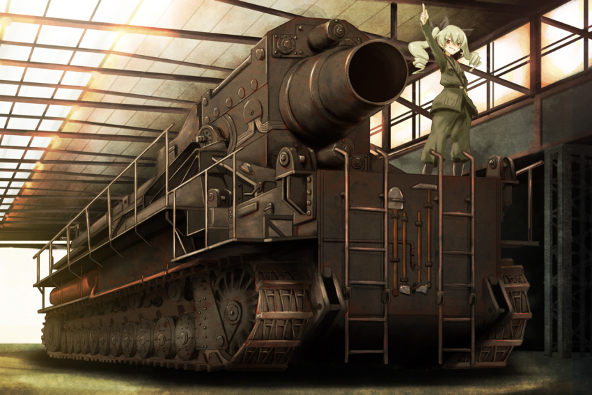 10s, 1girl, anchovy_(girls_und_panzer), arm_up, artillery, axe, cannon, commentary_request