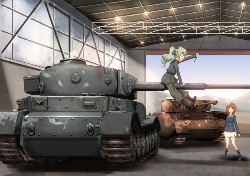 10s, 2girls, anchovy_(girls_und_panzer), arm_up, blush, boots, brown_hair, closed_eyes, commentary_request, garage, girls_und_panzer, grey_hair, hair_ribbon, jingle_(4839ms), jinguu_(4839ms), military, military_uniform, military_vehicle, motor_vehicle, multiple_girls, nishizumi_miho, open_mouth, panzer_iv, ribbon, school_uniform, sitting, skirt, smile, tank, tiger_(p), vehicle