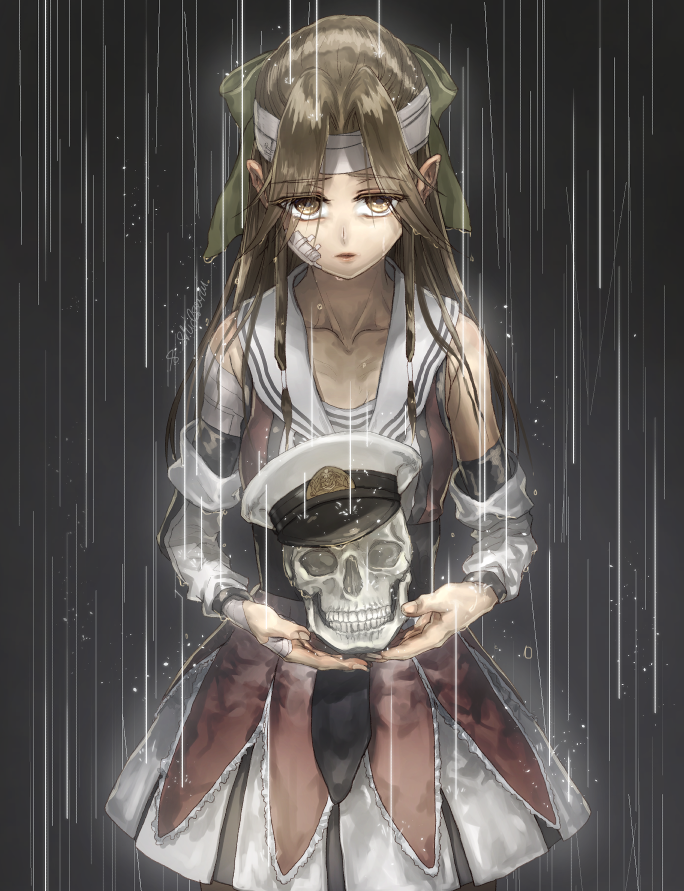 10s, 1girl, bandaid, bandaid_on_face, brown_eyes, brown_hair, detached_sleeves, forehead_protector