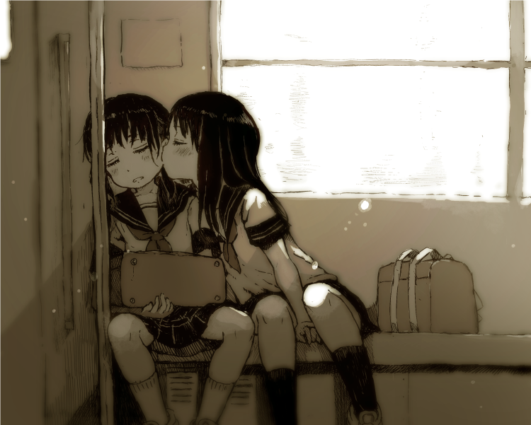 2girls, bag, black_hair, blush, closed_eyes, clothes_between_thighs, gomennasai, indoors