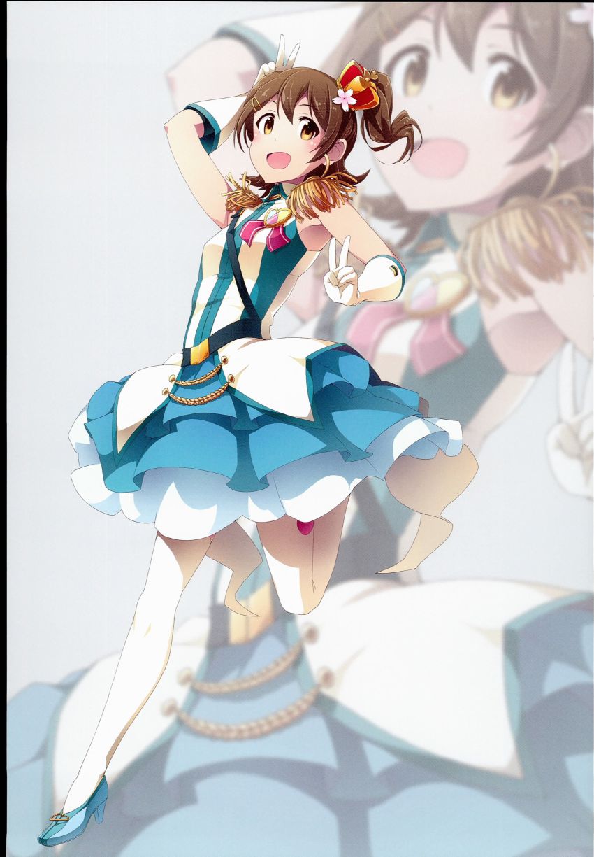 1girl, :d, absurdres, alternate_costume, breasts, brown_eyes, brown_hair, cosplay