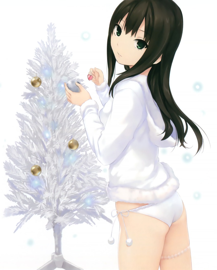 10s, 1girl, ass, bauble, brown_hair, christmas_ornaments, christmas_tree, coffee-kizoku, female_focus, frilled_thigh_strap, fur_trim, green_eyes, highres, hood, hoodie, idolmaster, idolmaster_cinderella_girls, long_hair, looking_back, no_pants, panties, pom_pom_(clothes), scan, shibuya_rin, side-tie_panties, solo, thigh_strap, underwear, white_panties, white_tree