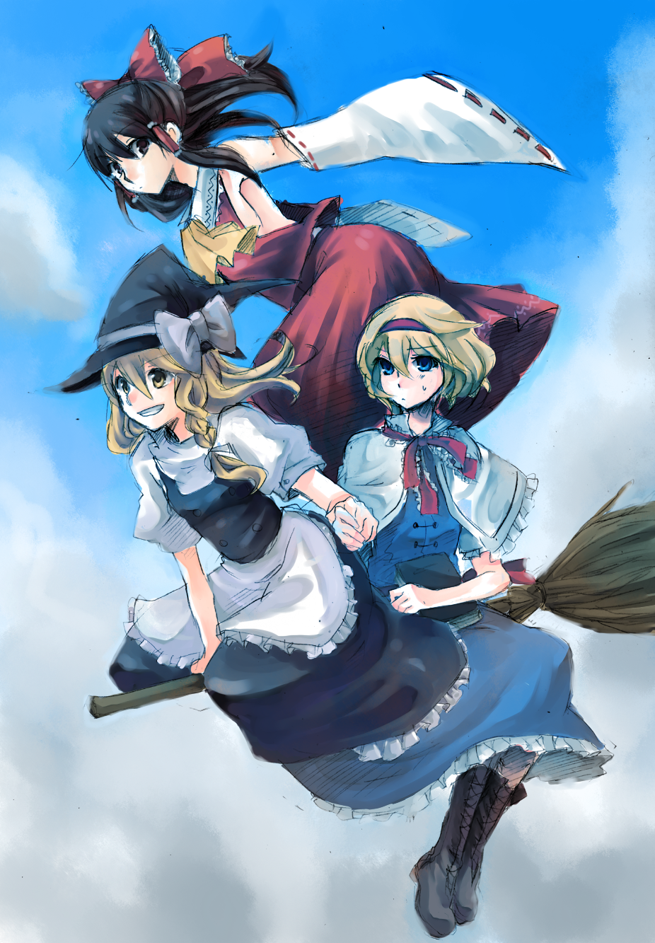 3girls, abaraya, alice_margatroid, apron, armpits, black_hair, blonde_hair, blue_eyes