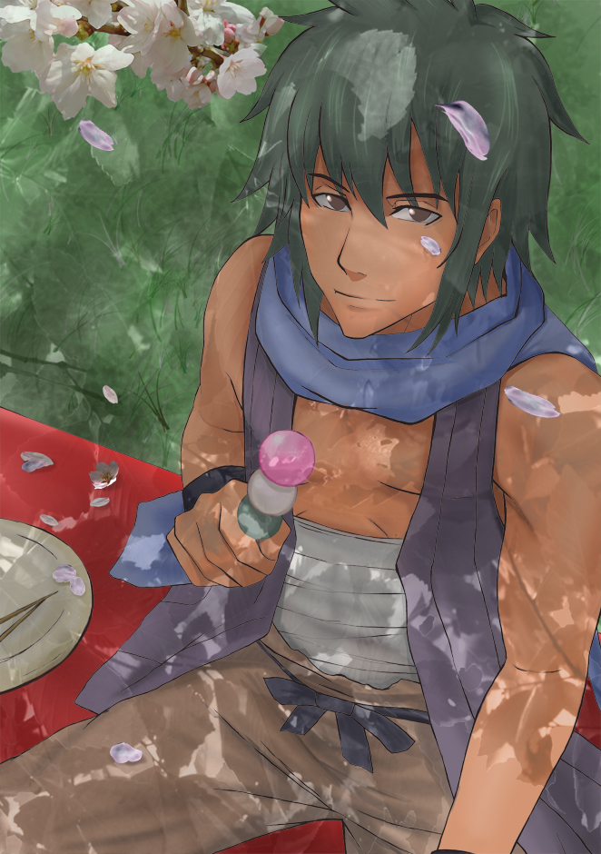 1boy, bandages, brown_eyes, character_request, cherry_blossoms, dango, flower, food, green_hair, hanami, heliodor, leaf, male_focus, naruto_(classic), naruto_(series), naruto_shippuuden, rinji_(naruto), sanshoku_dango, sitting, solo, vest, wagashi