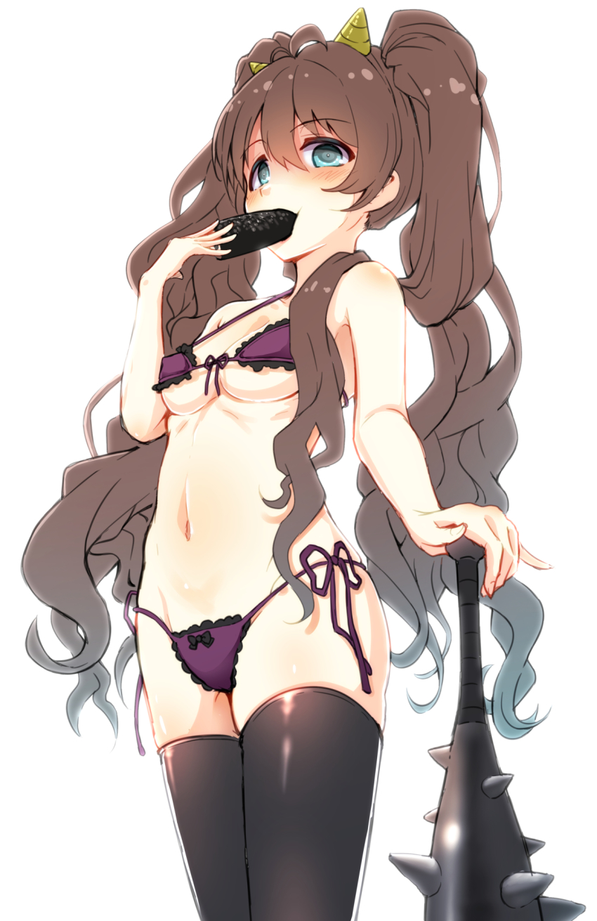 0141zucker, 1girl, alternate_hairstyle, black_thighhighs, blush, bra, breasts, brown_hair